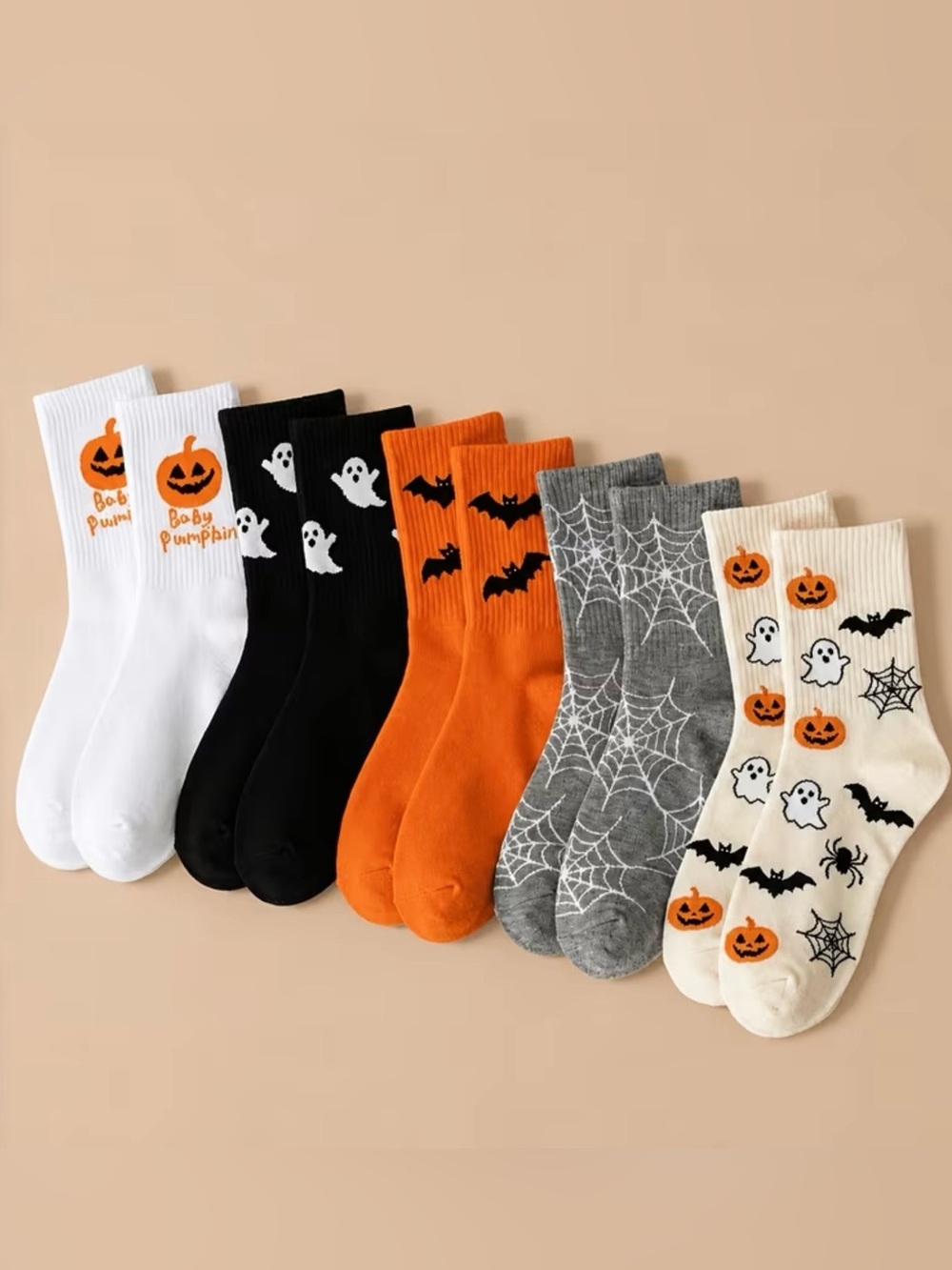 New Halloween Crew Socks 5 Pack For Women - Orange, Black, Gray, White